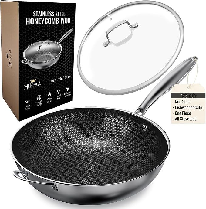 MUGAA 12.5” Nonstick Stainless Steel Wok Pan with Lid | Tri-Ply Honeycomb Hybrid Stir-Fry Pan | Nonstick Woks & Stir-Fry Pans | PFOA-Free, Induction, Dishwasher & Oven Safe