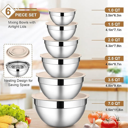 LIANYU 6 Piece Mixing Bowls with Lids Set, Size 7 & 3.5 & 2.5 & 2 & 1.5 & 1QT, Stainless Steel Cooking Serving Bowls, Metal Kitchen Nesting Bowl for Prepping & Food Storage, Dishwasher Safe, Khaki
