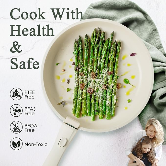 KIKCOIN Pots and Pans Set Nonstick, Ceramic Cookware Set Detachable Handle, Induction Kitchen Cookware Set with Removable Handle, Healthy Non Stick RV Cookware, Dishwasher ＆ Oven Safe, PFOA Free