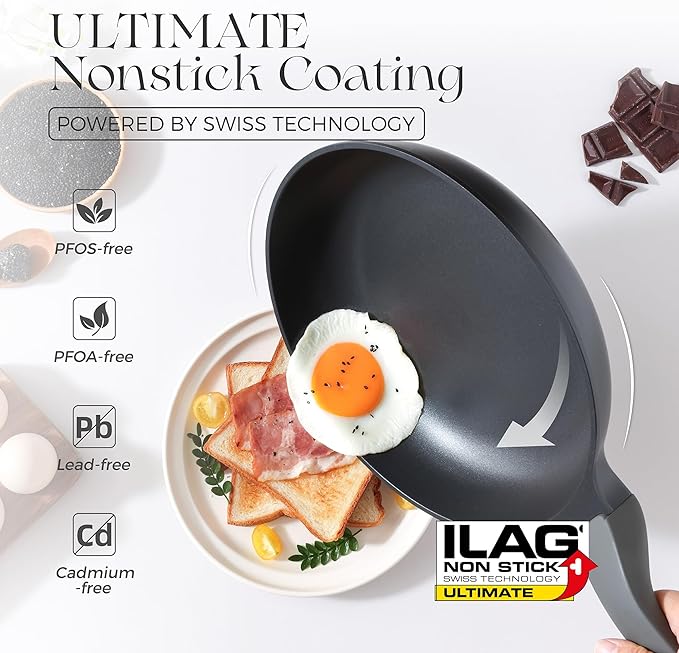 PRICUSIS Nonstick Frying Pan, 8/10/12 Inch Skillet with Stay Cool Handle, Fully Coated, Induction Compatible & Oven Safe, 100% Dishwasher Safe, PTFE & PFOA Free（8 Inch, Black Sesame）