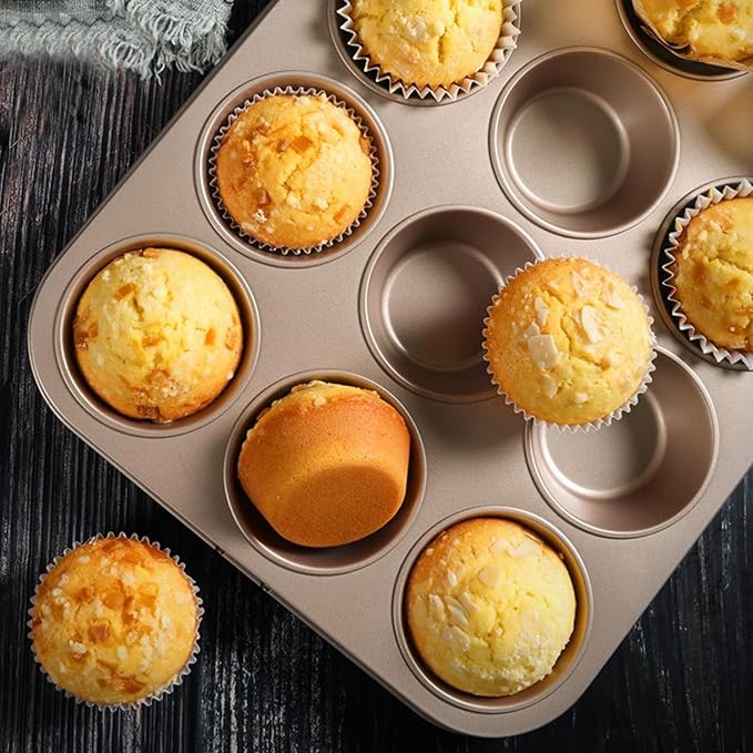 Cayanmydery 12-Cup Muffin Pan Tin for Baking, 2 Packs Nonstick Cupcake Pan Tin, Cup Cake Tray, Cheesecake Pans, Gold