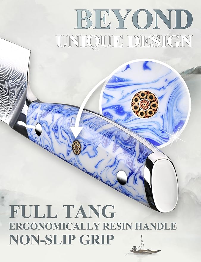 SHANGDAO 8 Inch Kiritsuke Chef Knife, Kitchen Slicing Knife Forged Damascus Steel with Blue and White Resin Handle - Full Tang - HUA Series