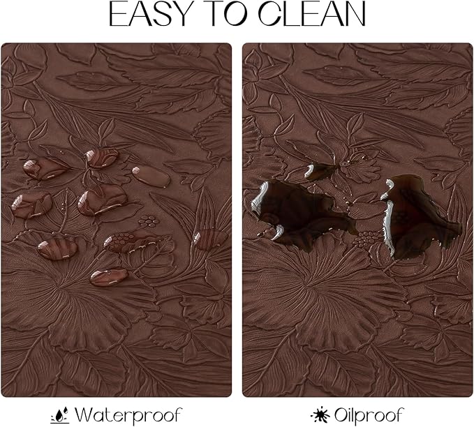 Romanstile Vinyl Placemats Set of 6-12 X 17 Inch - Heat Resistant Non-Slip Embossed Floral Place Mats 100% Waterproof Oilproof Wipeable Faux Leather Table Mats for Kitchen/Dining/Party, Brown