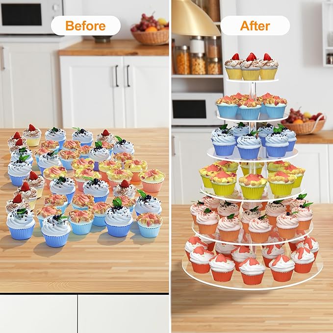 6 Tier Large Acrylic Round Cupcake Stand, Clear Wedding Cupcake Tower Stand, Cupcake Tier Stands for Dessert Table, Tiered Cupcake Holder Stand, Cupcake Display Stand for Birthday Party