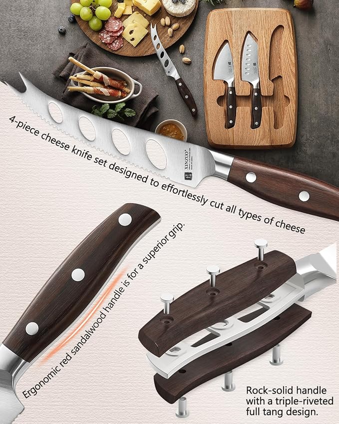 XINZUO Cheese Knife Set with In-Drawer Block, 4-Piece for Charcuterie Board,Hard Cheese Knife-Parmesan Cheese Knife,German Stainless Steel,Red Sandalwood Handle