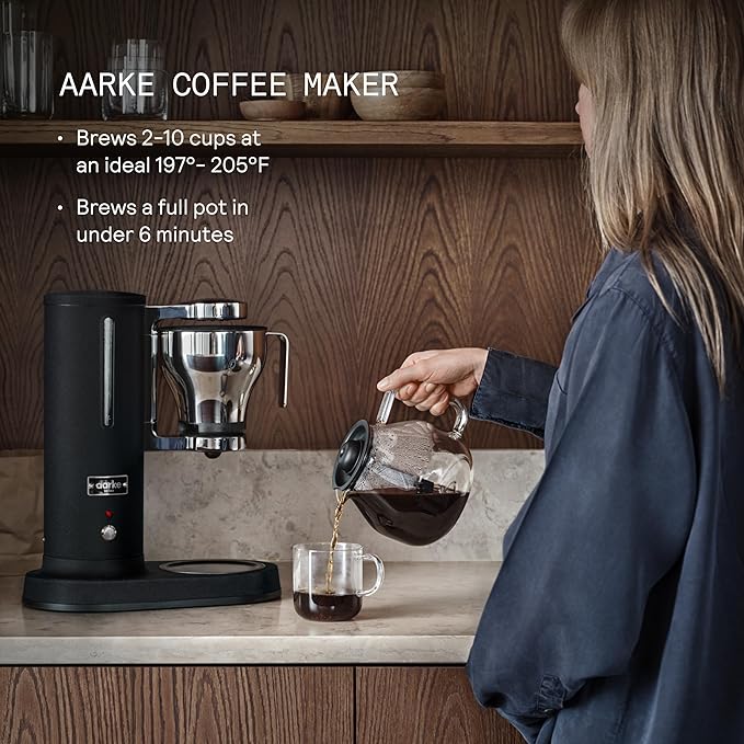 Aarke Coffee Maker - Electric 10 Cup / 42 fl oz Drip Brewer with Automatic Drip-Stop, Glass Carafe, Brews Full Pot in Under 6 Minutes, SCA Certified, Matte Black