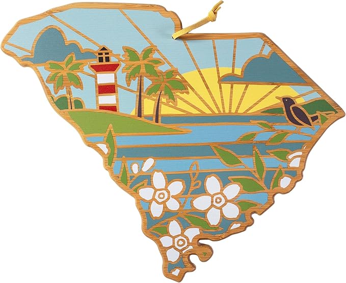 Totally Bamboo South Carolina State Shaped Cutting Board and Charcuterie Serving Platter with Artwork by Summer Stokes, Includes Hang Tie for Wall Display 14" x 11-1/2" x 5/8"