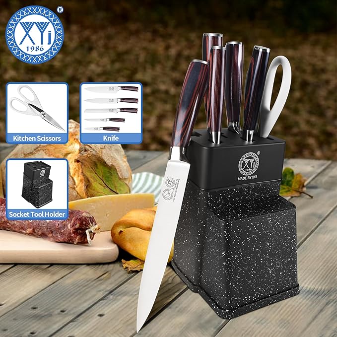 XYJ Professional Knife Set With Block, Scissors, Kitchen Knife Block Set, Stainless Steel Japanese Paring Boning Slicing Bread Chef Knives Set, Wood Handle
