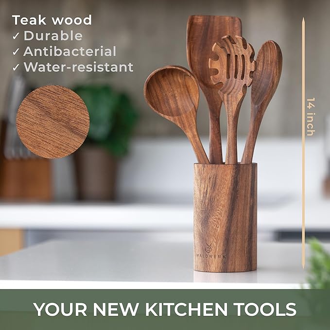 WALDWERK Wooden Spoons for Cooking – 4-Piece Kitchen Utensils Set with Teak Wood Spoons, Spatula, Pasta Server & Holder – Wooden Utensil Set – Cooking Utensils – Utensil Sets - Non Toxic