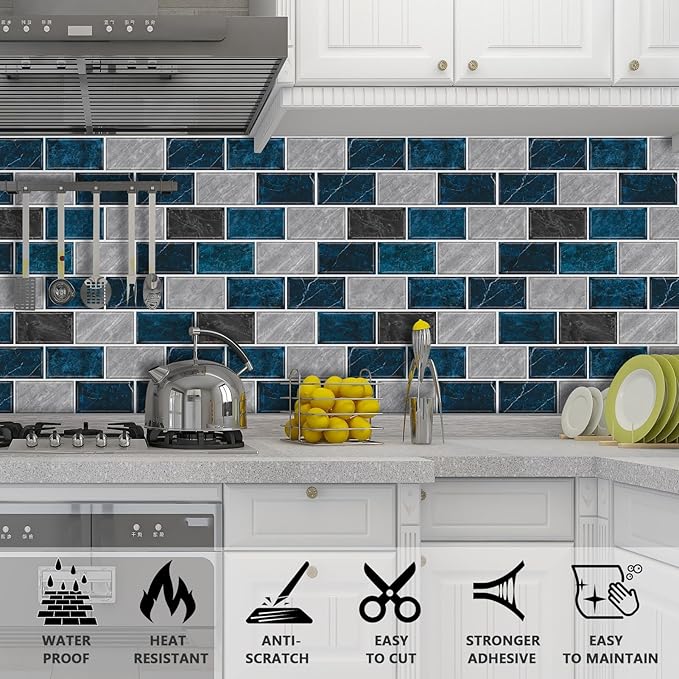 URCOLOR 10-Sheet Backsplash Tile for Kitchen Peel and Stick,12"x12" Self Adhesive Wall Tiles Stick on Back Splashes for Bathroom Blue Marble Look