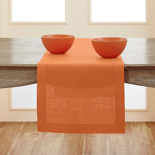 Solino Home Linen Pumpkin Table Runner 120 Inches Long - 100% Pure Linen Hemstitch 14 x 120 Inch Table Runner for Dining - Classic Hemstitch
