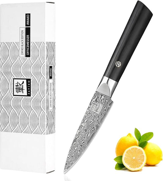 zayiko Black Edition Damascus Paring Knife | Sharp 3.5 inch blade made of 67 layers of Damascus steel | Ergonomic pakkawood Handle | Premium & professional Chef's Knifes for Kitchen Work