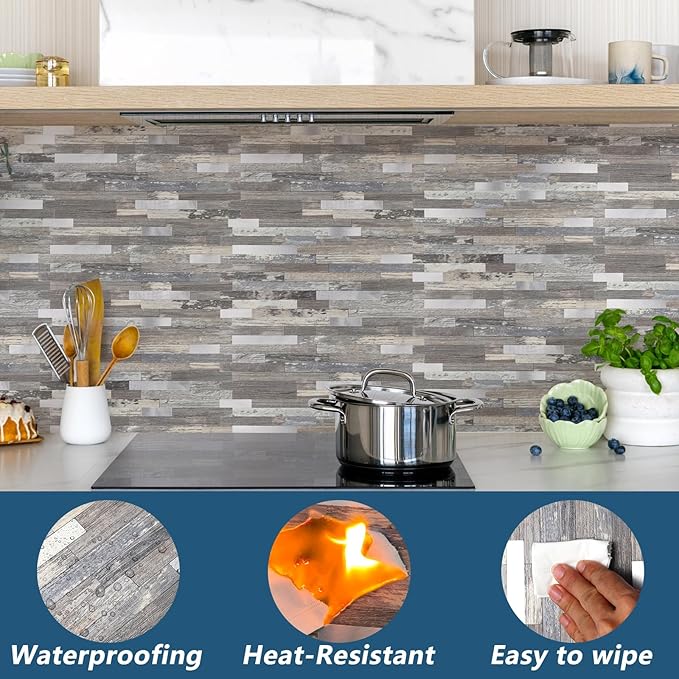 Yipscazo 2 Sheets Peel and Stick Stone Metal Backsplash, PVC Wall Tiles Stick on Tiles for Backsplash Kitchen, Bathroom, Fireplace (6'' X 12'', Light Wood)