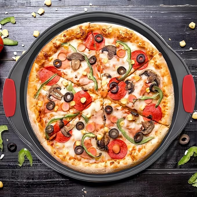 ZOEHROWS 13 Inch Pizza Pan for Oven (2 Pack) Round Pizza Pan with Holes - Non-Stick Carbon Steel Pizza Tray with Silicone Handles - for Cooking, Baking, and Grilling - Dishwasher Safe