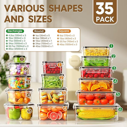 70 PCS Food Storage Containers with Lids Airtight (35 Containers & 35 Lids), 100% Leak Proof Meal Prep Container for Kitchen, BPA-Free Plastic(Polypropylene5), Microwave/Dishwasher Safe, Labels & Pen