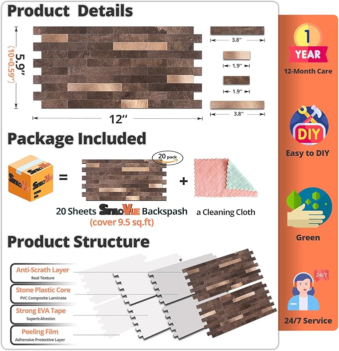 20 Sheets Peel and Stick Backsplash for Kitchen, Dark Brown with Metal Gold Look Stick on Tile Upgrade Your Kitchen Backsplash, RV, Fireplace