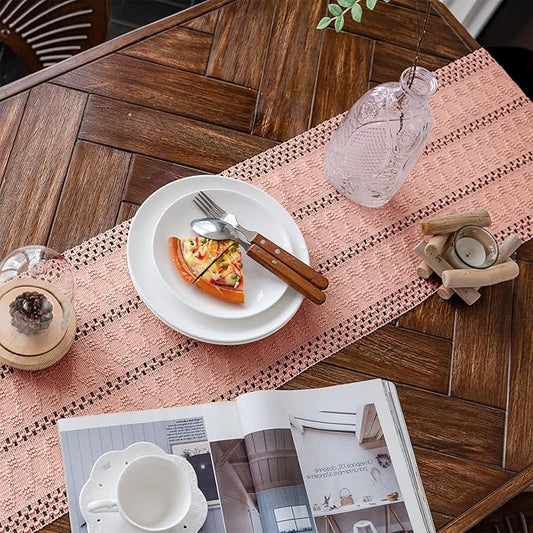 Alynsehom Macrame Table Runner Pure Pink Boho Table Runners with Tassels Hand Woven Cotton Table Runner Rustic Farmhouse Table Runners for Bohemian Kitchen Dining Table(12x71in)