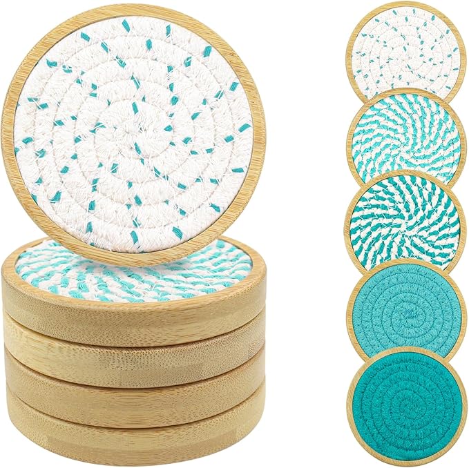 Bamboo Coasters for Drinks, Absorbent Coaster Sets of 5, Woven Drink Coasters for Coffee Table, Housewarming Gift for Farmhouse Home Decor,4 inches (Lake Blue Series)