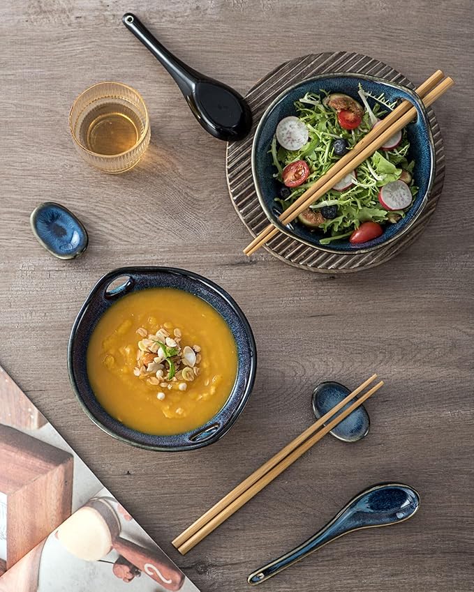 UNICASA Japanese Ramen Bowl Set with Chopsticks, Spoons and Rests, 20oz Deep Porcelain Noodle Bowl Set of 2 for Udon, Pho, Salad, Soup (Reactive Blue)