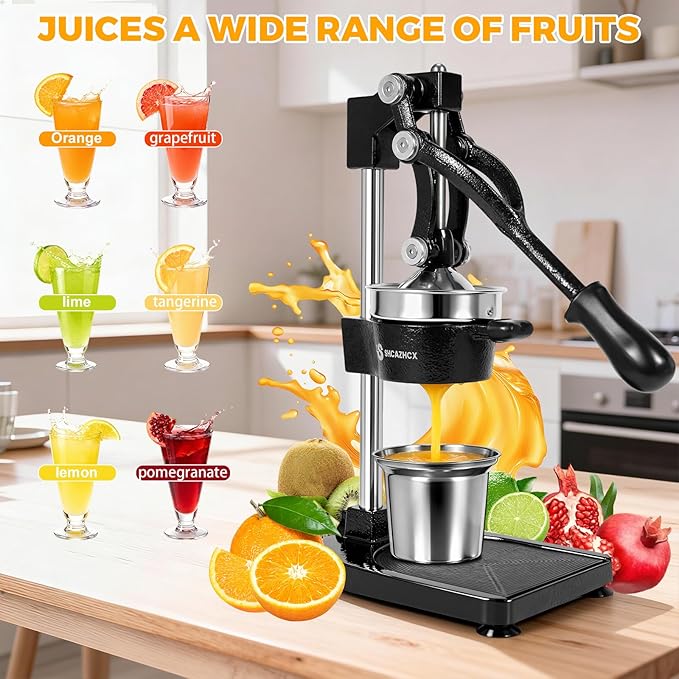 Cast-Iron Hand Press Citrus Juicer, Heavy-Duty Fruit Squeezer with Stainless Steel Cup, Easy-to-Clean Manual Citrus Press for Orange, Lemon, Lime, Grapefruit & Pomegranate (Black)