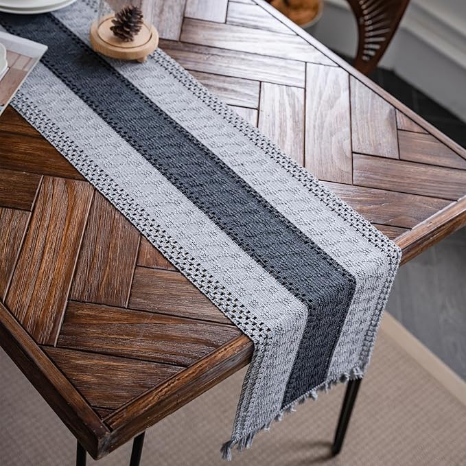 Alynsehom Macrame Table Runner Grey Boho Table Runners with Tassels Hand Woven Cotton Table Runner Rustic Farmhouse Table Runners for Bohemian Kitchen Dining Table(12x60in)