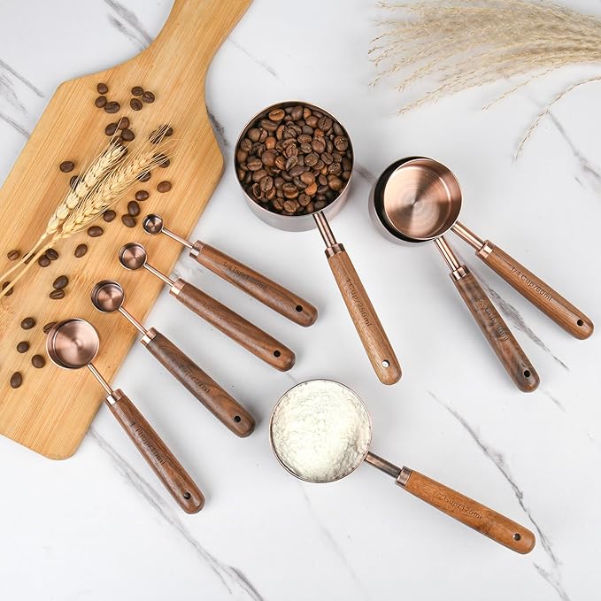 Measuring Cups and Spoons Set with Wood Handle, Stainless Steel Measuring Cup and Spoons Set, Copper Measuring Cups and Spoons for Kitchen & Baking