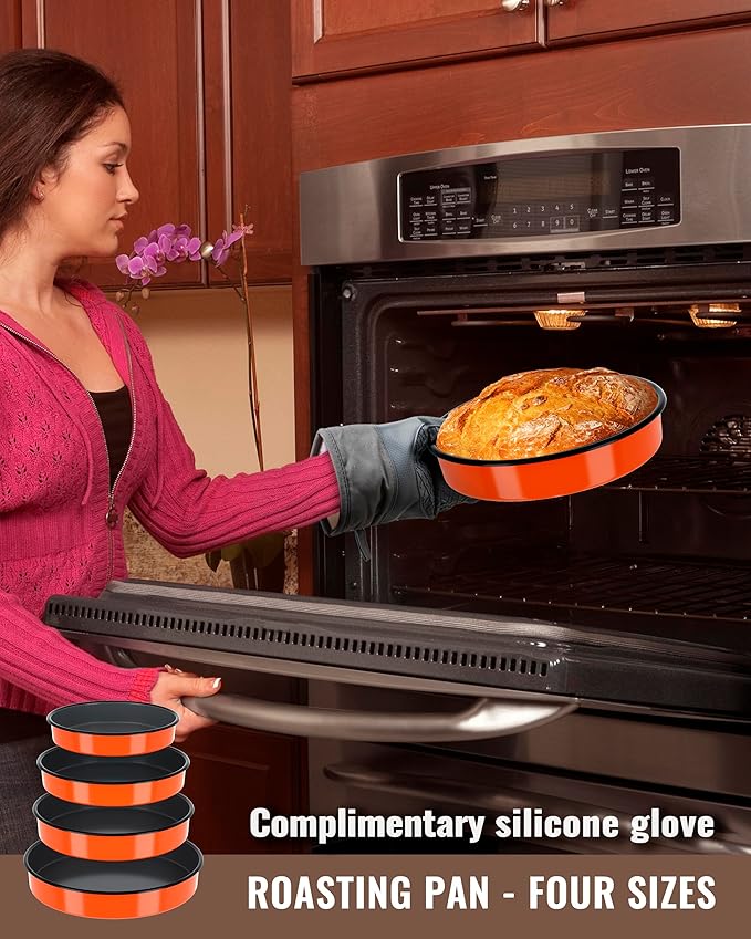 MCCSI Round Roasting Pan Set Bakeware 4 Pack Baking Cake Pans Enamel Casserole Dish 9/10/12/14 Inch Non-Stick Chicken Roaster Oven Dishwasher Safe Mother's Christmas Gift Cookware (Orange)