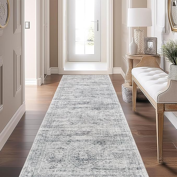 Long Bathroom Rugs Runner - Washable Runner Rugs for Hallway 2x10, Ultra-Thin Soft Kitchen Carpet Runner, Anti Slip Backing Runner Rugs for Entrance, Bedroom, Living Room(2'x10', Grey/Ivory)