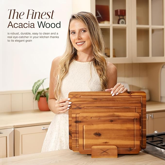 Acacia Wood Cutting Board Set of 3 (16 x 12/14 x 10/12 x 8), Natural - 0.8 in Extra Thick Wooden Chopping Boards with Deep Juice Grooves - Non-Slip, Non-Toxic & Durable Boards for Meat & Vegetables