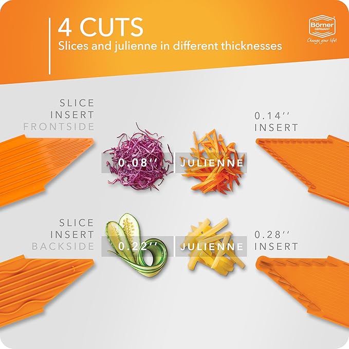 Börner Mandoline Slicer V3 (Starter Set) • V-Slicer for 5 Cutting Styles with Fruit Holder • Adjustable Vegetable Slicer for Vegetables & Fruits • Stainless Steel V-Blade • Color: Orange