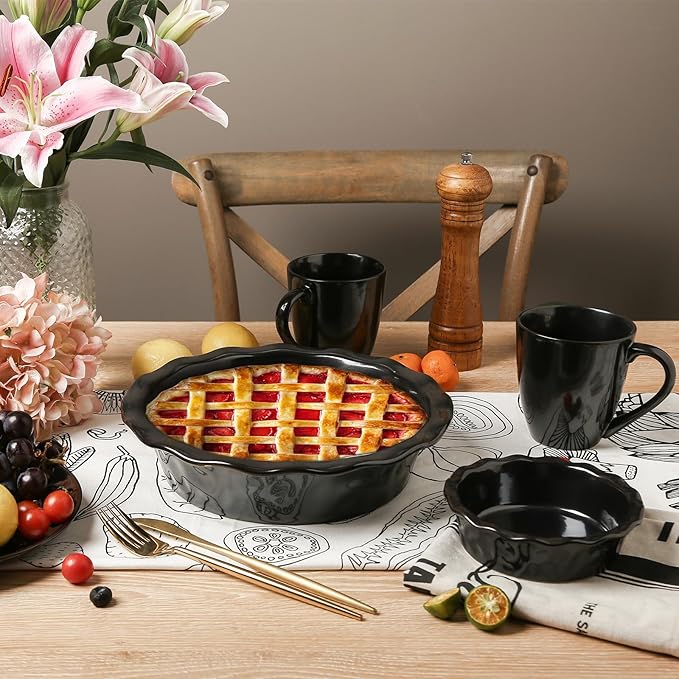 Vicrays Ceramic Pie Pan for Baking - 5.5 inch Small Pie Plates Deep Dish Round Pot Casserole Mini Serving Bowl - Microwave Oven Safe for Dessert Apple Pie Cake Tart Pizza Set of 6 - Black
