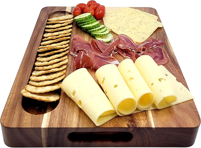 Acacia Wood 16 x 12 x 1.5 inch Thick (40.5 x 30.5 x 4cm) Extra-Large Cutting Board Juice Groove Hand Grips Dark Edge Grain Wooden Butcher Block Chopping Cheese Plate Server Deluxe Birthday Gift