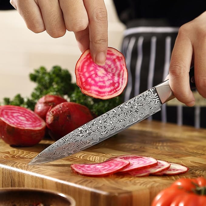 zayiko Black Edition Damascus Utility knife 5-inch blade extremely sharp from 67 layers I Damascus kitchen knives and professional chef's knives made of genuine Japanese Damascus with Pakka wood