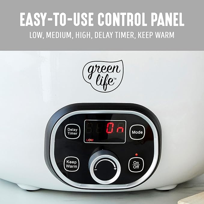 GreenLife 6QT Slow Cooker, Non-Toxic PFAS-Free Ceramic Nonstick Removable Interior Bowl, Programmable, Family Friendly, Keep Warm, Stovetop & Oven Safe, Dishwasher Safe Crock, Timer, Glass Lid, White
