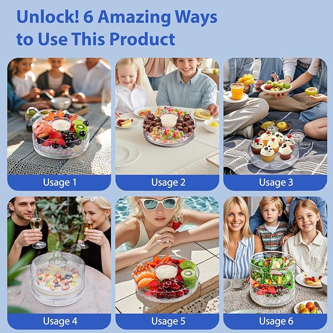4-in-1 Small Mini Premium Rotating Chilled Serving Tray, 9.05" Ice-Cooled Party Platter with 4 Compartments – Perfect for Fruit, Cake, Desserts, and Shrimp Cocktails – Keeps Food Fresh & Cool