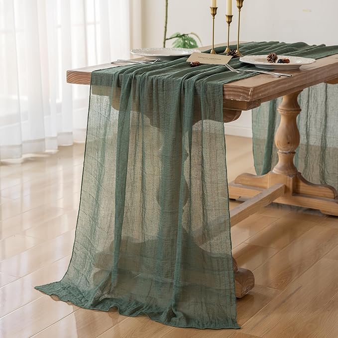 Keketoarrange 3Pcs Forest Green Gauze Rustic Cheesecloth Table Runner 120 Inch 10 FT for Wedding Baby Shower Bridal Shower Birthday Engagement Garden Outdoor Party Long Sheer Boho Decorations