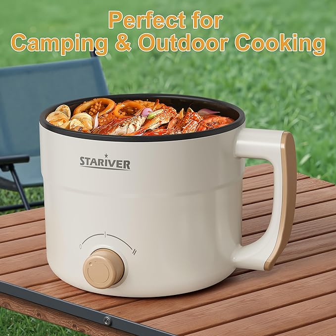 Stariver 1.5L Electric Hot Pot with Dual Power - Mini Portable Non-Stick Noodle Cooker for Ramen, Soup, Pasta, Egg, Oatmeal - Overheat & Boil-Dry Protection - Ideal for Dorm, Office, Travel Gift