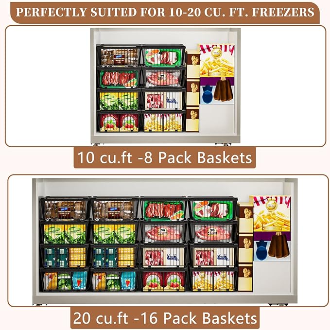 Large Freezer Organizer Bins，Upgraded Bottom Leak-Proof net，6 Pack， Expandable Stackable Chest Freezer Containers with Handle，for Fridge, Deep Freezer, Cabinet, Kitchen, Pantry (Black-6Pack)