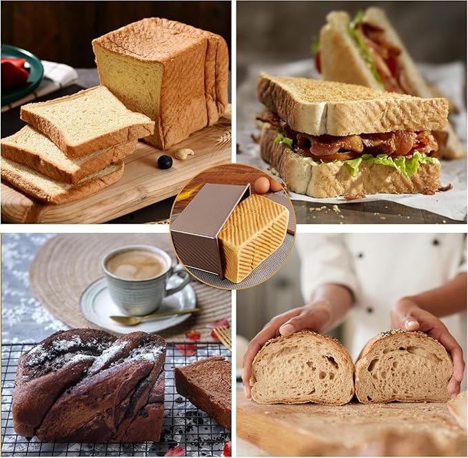 Spmarkt 2-pack 2.2lb Gold Pullman Loaf Pan with Lid, Premium Non-Stick Coating Bread Pan, PFTE and PFOA-Free, Safe and Healthy Baking for Homemade Bread with Family-sized Recipes