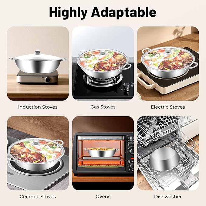 Stainless Steel Hot Pot with Divider, 13 In Dual Sided Nonstick Shabu Shabu Pot with Lid, Dual Handle Divided Stockpot for Cooking, Soup Cookware for Induction Cooktop Gas Stove