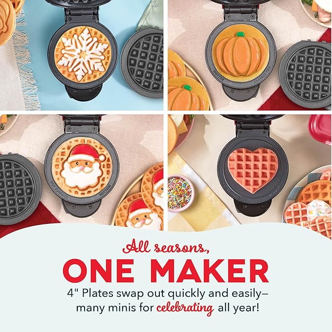 DASH Holiday MultiMaker® Mini System - Waffle Maker with Six 4” Removable Holiday Plates: Waffle Iron & Griddle, 4-in-1 Mini Waffle Maker for Kids and Families – Nonstick Surface, Santa Waffle (Red)
