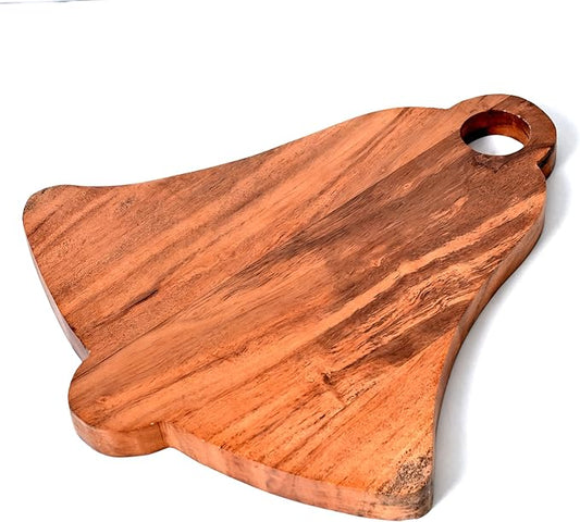 Treen Art Wooden Christmas Cutting Board for Kitchen Decor, 14"L x 13"W Bell Shaped Acacia Wood Chopping Board with Handle, Serving Charcuterie Platter