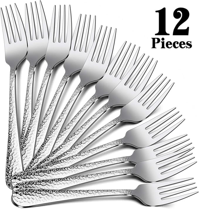 E-far 12-Piece Stainless Steel Hammered Dinner Forks Set, Salad Flatware Forks Use for Home, Kitchen, Restaurant, Round Edge & Mirror Polished, Dishwasher safe - 7.9 Inches