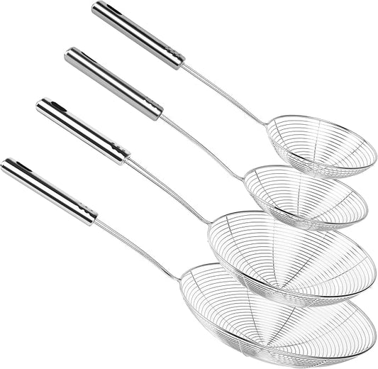 Spider Strainer Fine Mesh & Skimmer Spoon 4-Piece Set, Stainless Steel Pasta Ladle with Long Handle for Frying, Cooking and Carnitas (4.7”+5.5”+7.1”+8.7”)