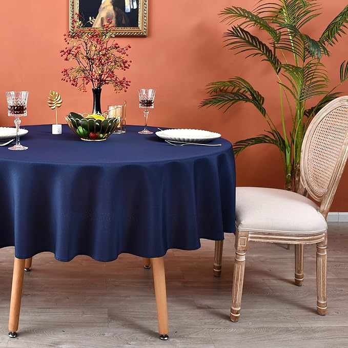 MEANMOY Navy Blue 210 GSM Water & Stain Resistant Round Tablecloth for Circle Table - Solid 70 Inch Table Cloth Cover in Wrinkle Free Durable Washable Polyester Fabric for Wedding, Party, Banquet