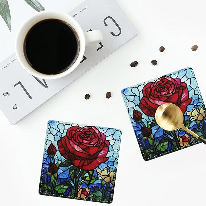 Marble Coasters Square Leather Drinks Coaster Set with Holder for Coffee Table Bar Home Decor 4 Inches Set of 6 (Rose, One Size)