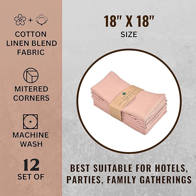 Fingercraft Cloth Napkins Set of 12, Cotton Linen Blend Napkins Cloth Washable Premium Quality Parties, Weddings, Mitered Dinner Napkin for Home Parties Christmas Thanksgiving 18x18 in Dusty Pink
