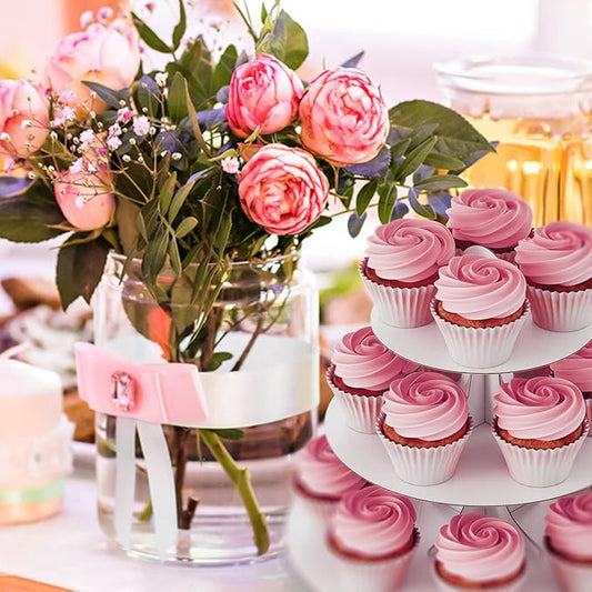 BLISSUR Cupcake Stand Tower, 2 Pack, White, 3 Tiered, Cup Cake Stand Cardboard Dessert Holder for Parties (White)