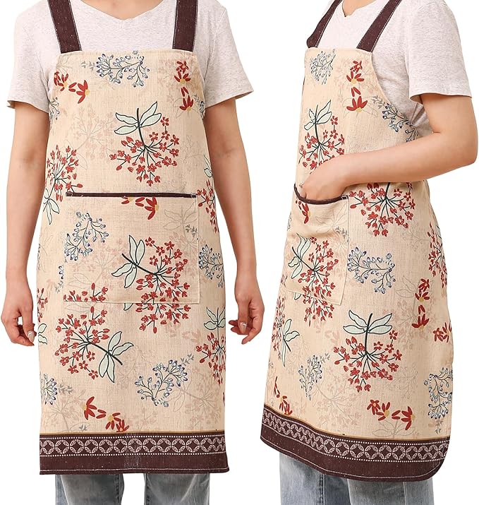 patdrea Blue Floral Linen Apron with Pocket,French Kitchen Garden Chef BBQ Aprons for Women and Men,Crisscross Back Straps