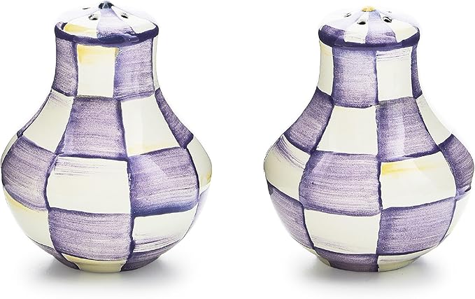 MACKENZIE-CHILDS Enamel Salt and Pepper Shakers, Kitchen Table Accessories, Purple-and-White Violet Check
